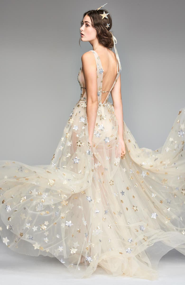 Willowby Orion Tulle & Charmeuse Plunging A-Line Gown, Alternate, color, 