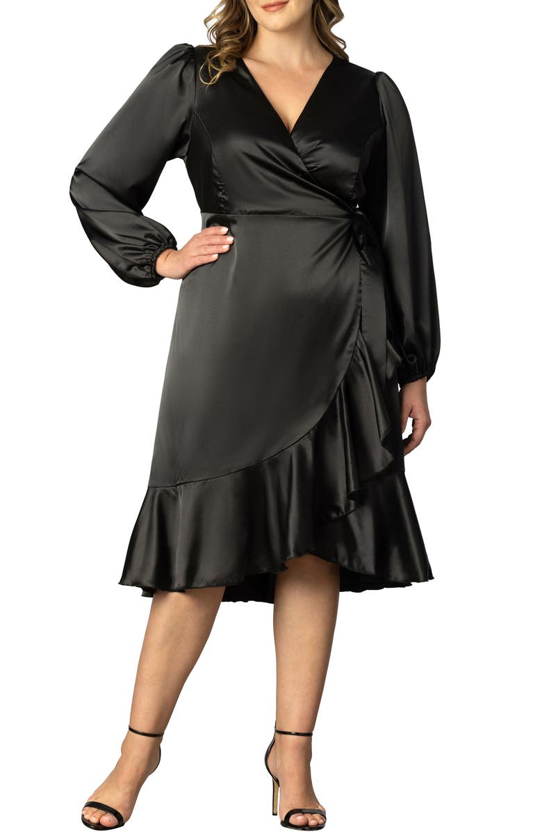 Kiyonna Serena Long Sleeve Satin Wrap Dress, Main, color, 
