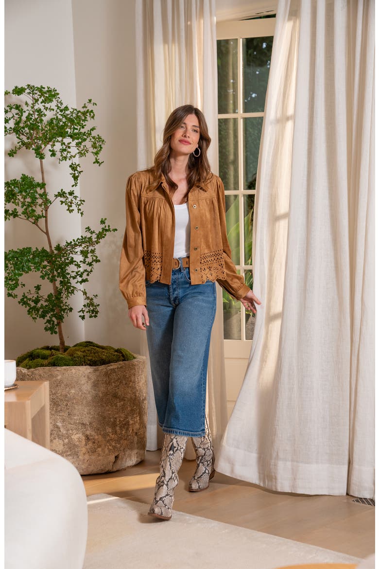 Puff Sleeve Laser Cut Jacket, Alternate, color, CARAMEL