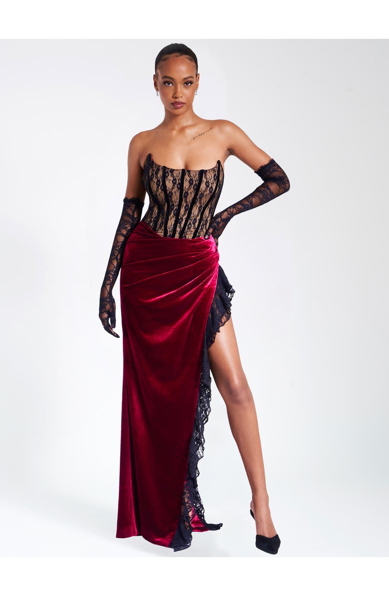 Miss Circle Gaia Lace Velvet Corset Side Slit Dress, Main, color, Burgundy