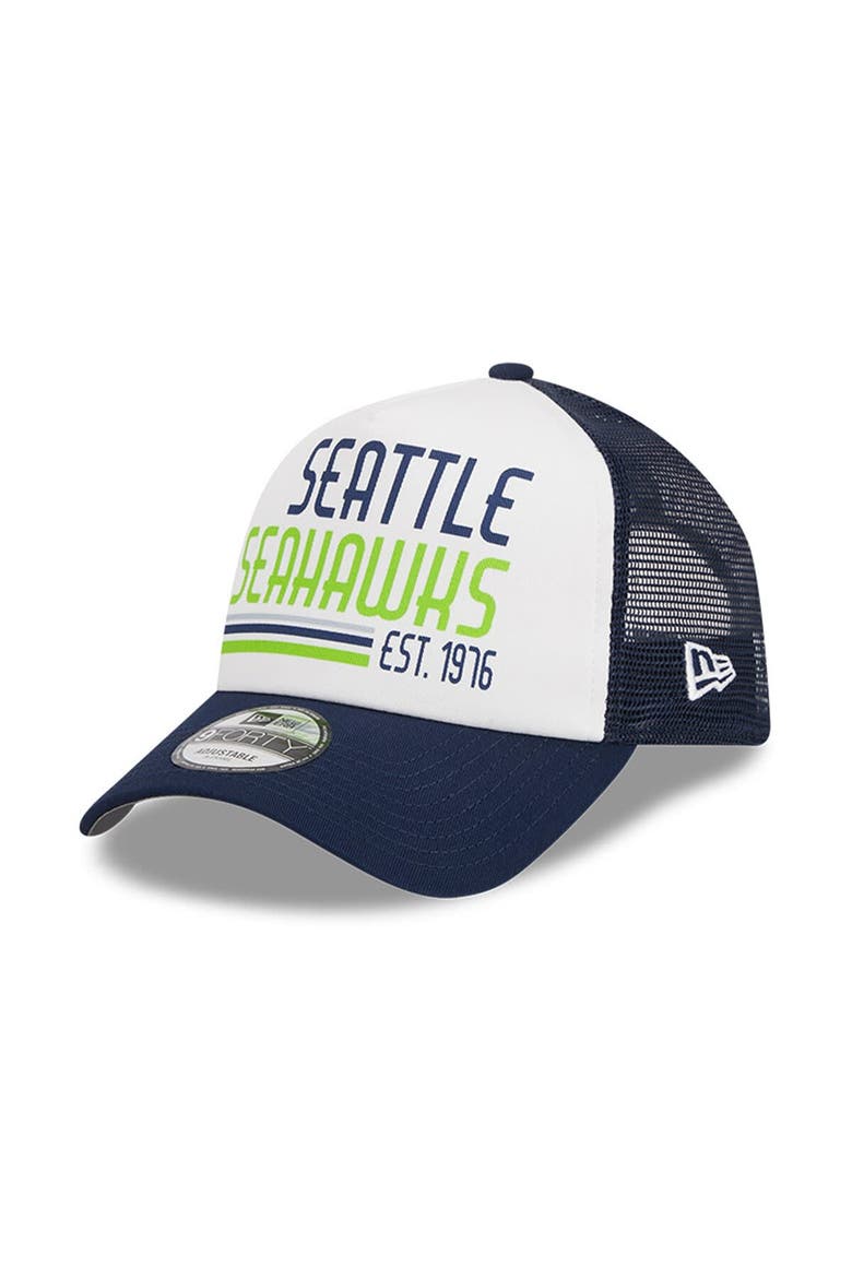 Men's New Era White/College Navy Seattle Seahawks Stacked A-Frame Trucker 9FORTY Adjustable Hat, Main, color, White