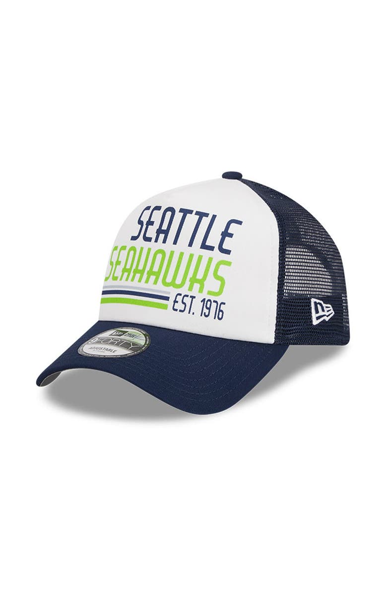 New Era Men's New Era White/College Navy Seattle Seahawks Stacked A-Frame Trucker 9FORTY Adjustable Hat, Main, color, White