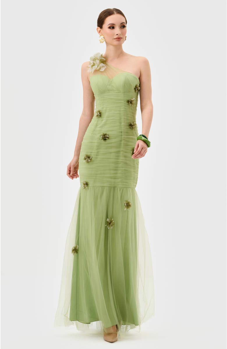 Bariano Karoline One Shoulder Tulle Gown, Alternate, color, Pistachio Green