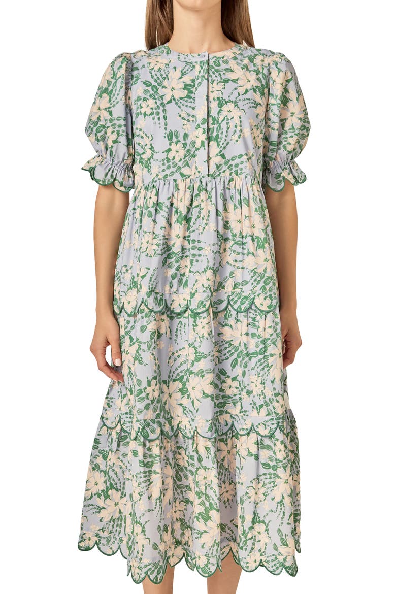 Floral Scallop Trim Tiered Midi Dress, Alternate, color, BLUE