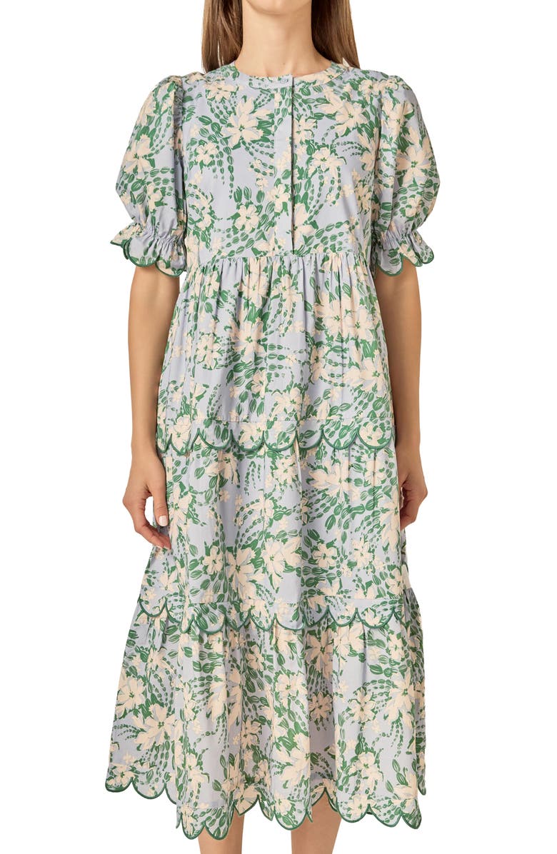 English Factory Floral Scallop Trim Tiered Midi Dress, Alternate, color, Blue