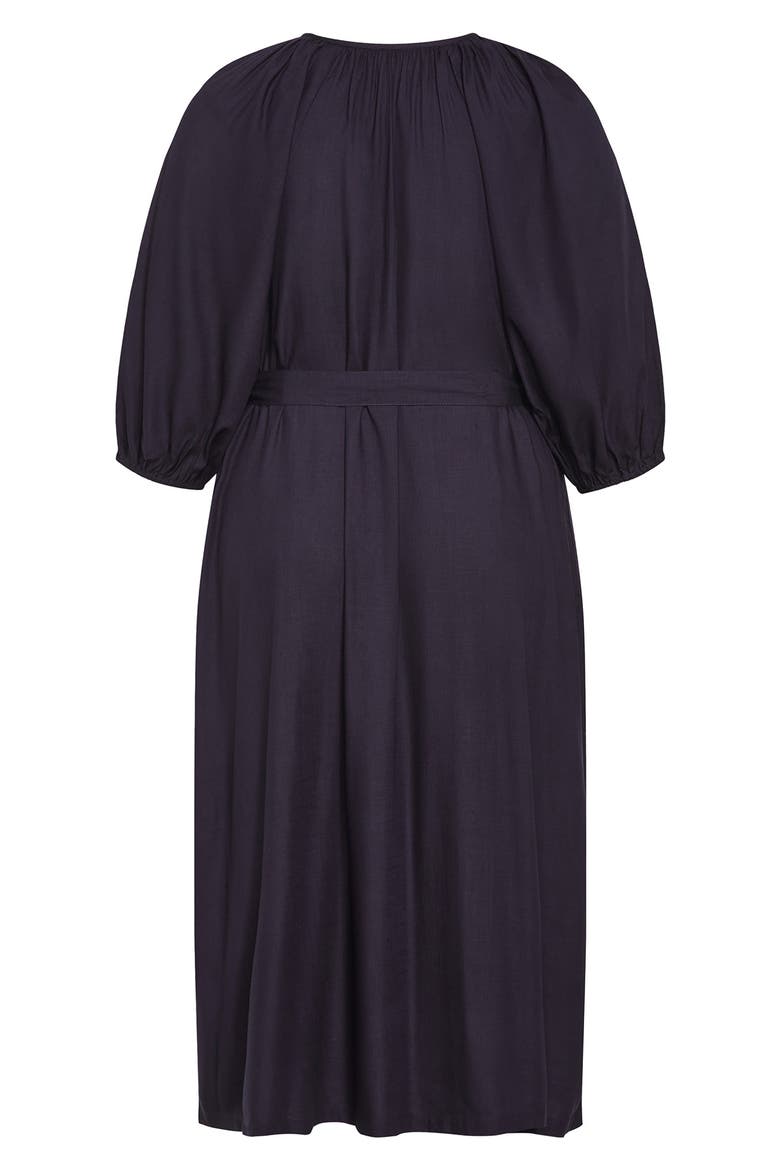 Davina Puff Sleeve Tie Waist Midi Dress, Alternate, color, NAVY