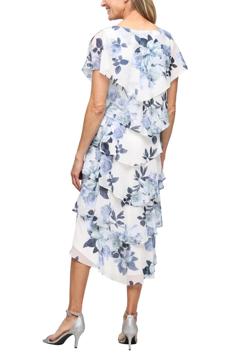 Floral Tiered Cocktail Midi Dress, Alternate, color, IVORY/BLUE
