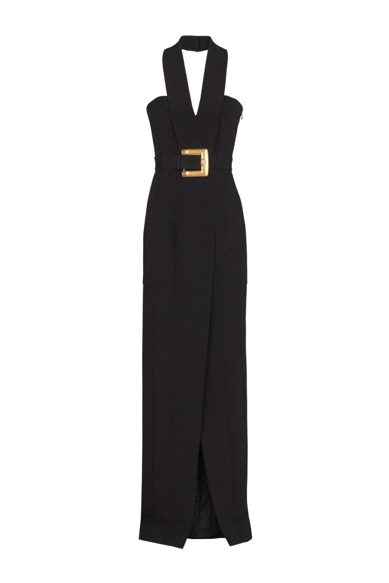 Long crepe dress with belt, Alternate, color, black