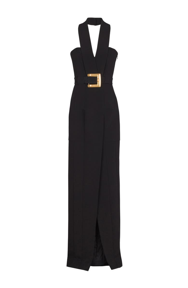 Balmain Long crepe dress with belt, Alternate, color, Black