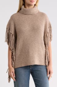T Tahari Fringe Trim Turtleneck Sweater