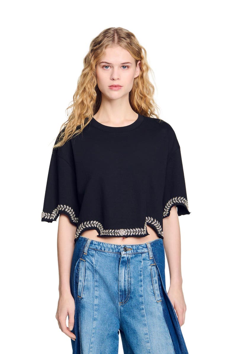 SANDRO Rhinestone cropped T-shirt, Main, color, 