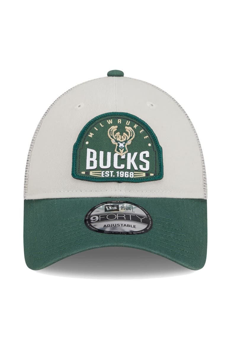 Men's New Era Khaki/Hunter Green Milwaukee Bucks Throwback Patch Trucker 9FORTY Adjustable Hat, Alternate, color, Khaki