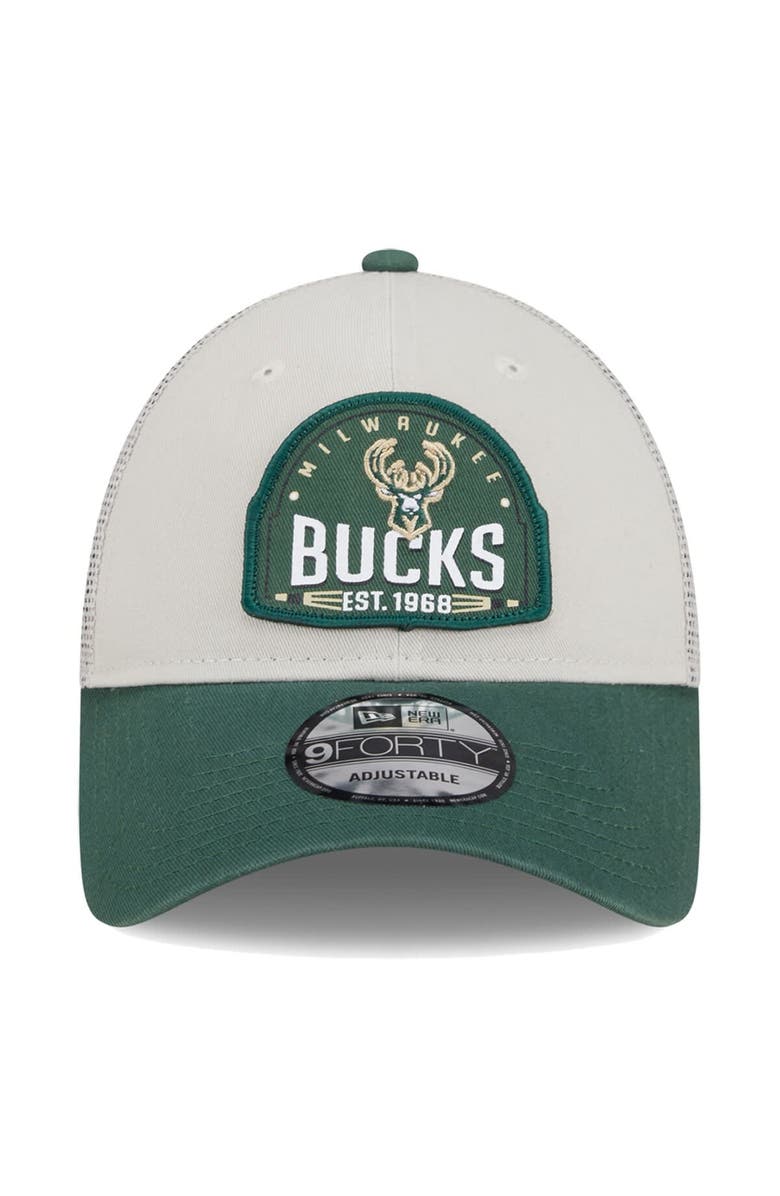 New Era Men's New Era Khaki/Hunter Green Milwaukee Bucks Throwback Patch Trucker 9FORTY Adjustable Hat, Alternate, color, Khaki
