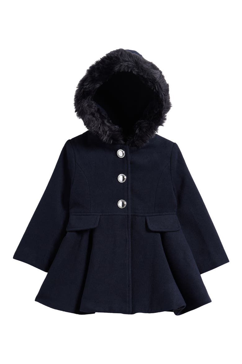 Kids' Faux Fur Trim Hooded Coat, Main, color, DARK NAVY