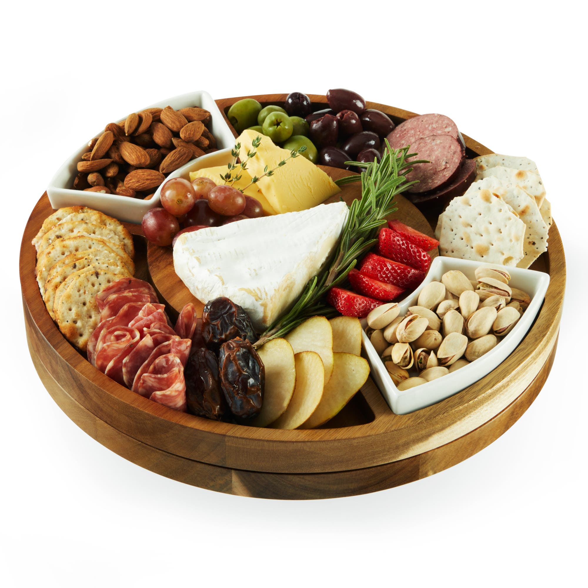 TWINE Acacia Wood Rotating Charcuterie Board with Ceramic Dishes - Wood