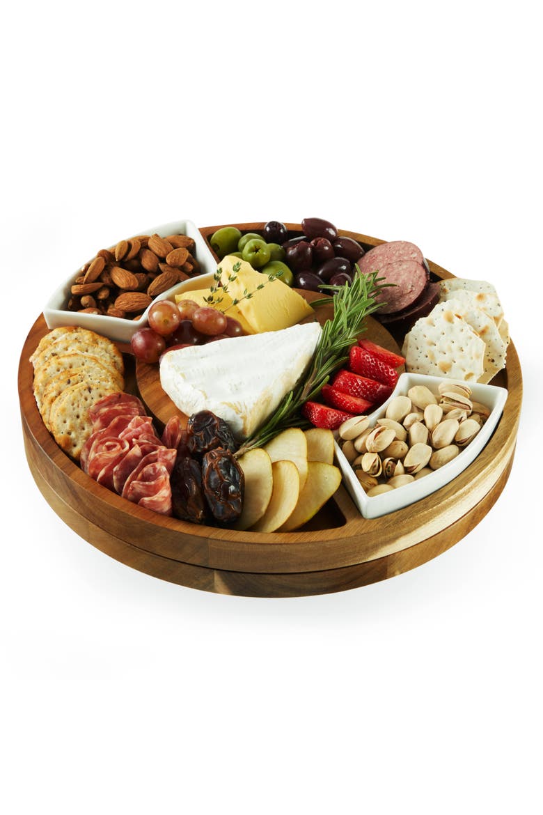 Acacia Wood Rotating Charcuterie Board with Ceramic Dishes, Main, color, Wood