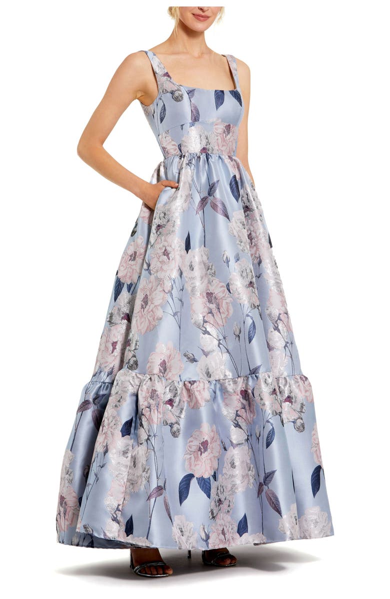 Mac Duggal Brocade Scoop Neck Sleeveless Floral Gown, Main, color, Blue Multi