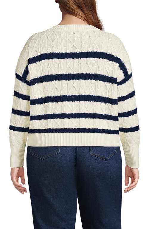 Lands' End Drifter Relaxed Cable Cardigan Sweater In Ivory/deep Sea Gulf Stripe