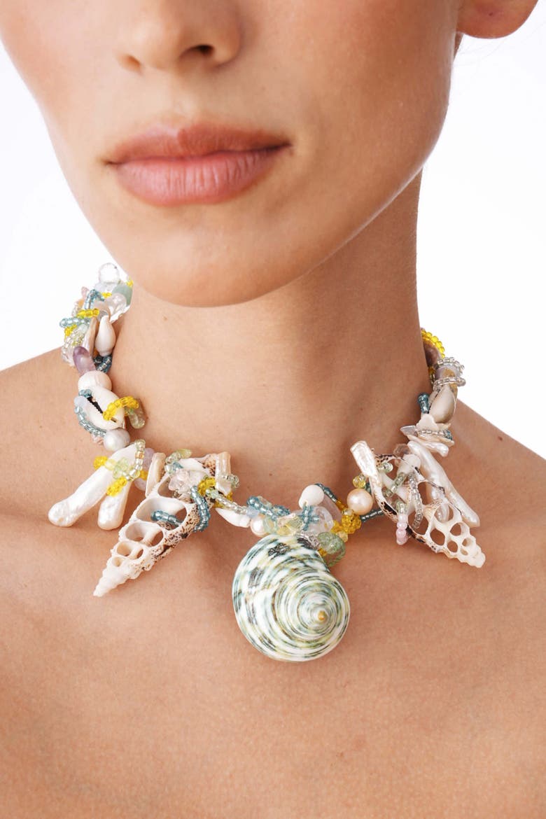 Seashell And Pearl Statement Necklace, Alternate, color, Green