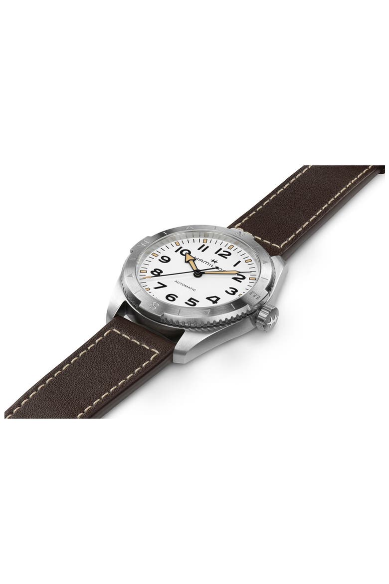 Khaki Field Expedition Automatic Leather Strap Watch, 41mm, Alternate, color, WHITE