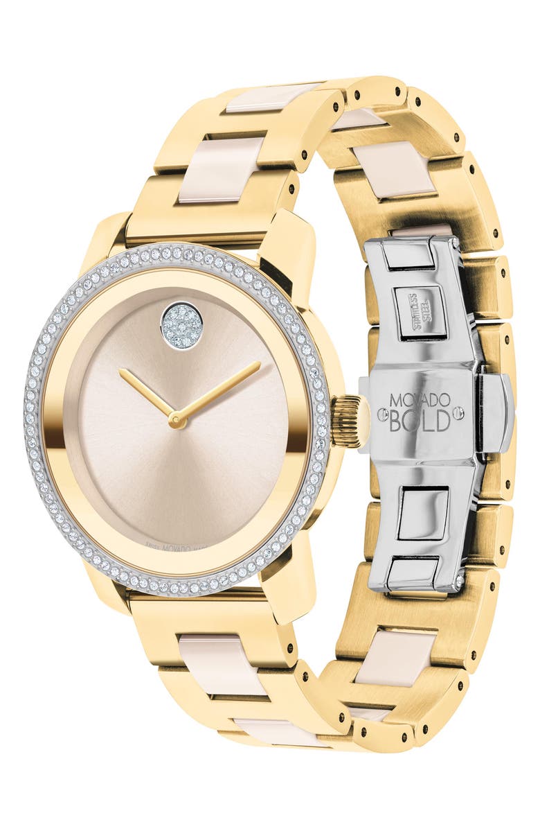 Movado Bold Iconic Crystal Bracelet Strap Watch, 36.3mm, Alternate, color, Taupe