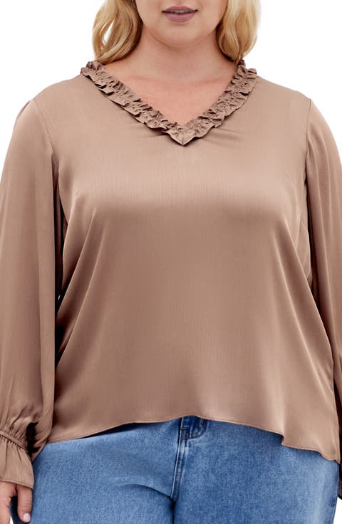 Maia Ruffle Fluted Sleeve Satin Top (Plus)