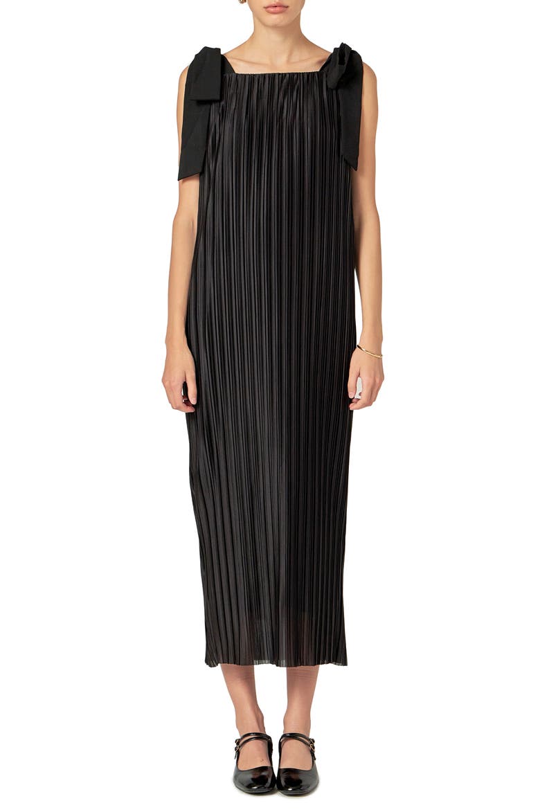 Bow Detail Pleated Maxi Dress, Main, color, BLACK