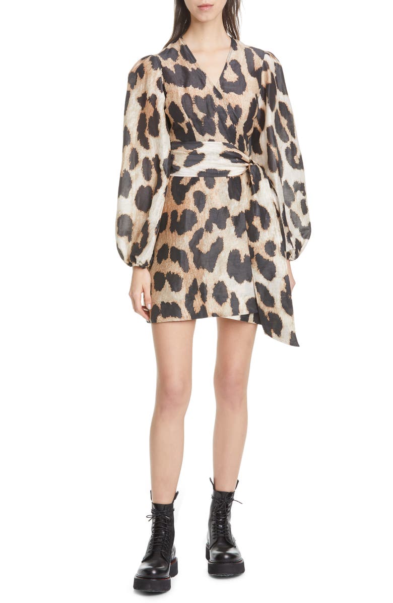 Ganni Leopard Print Long Sleeve Linen & Silk Wrap Dress, Main, color, 