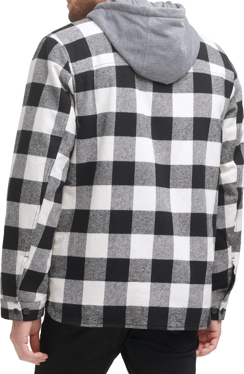 Levi's Plaid Faux Shearling Lined Jersey Hood Shirt Jacket, Alternate, color, Black/White Buffalo Check