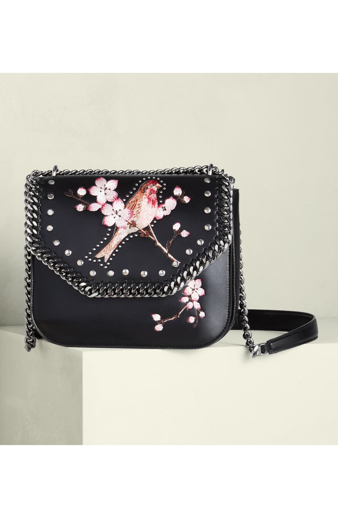 Stella McCartney Black Falabella Box Bird Shoulder Bag, Alternate, color, 