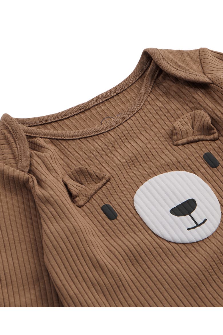 Ribbed Bear Face Long Sleeve Bodysuit, Alternate, color, Bear & Brown