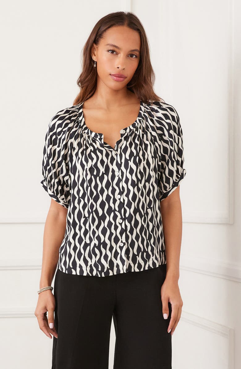 Karen Kane Print Satin Button-Up Peasant Top, Alternate, color, Print