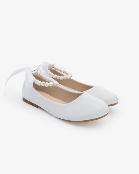 Harper Satin Flower Girl Flats with All Pearls Ankle Strap (Little Kid)