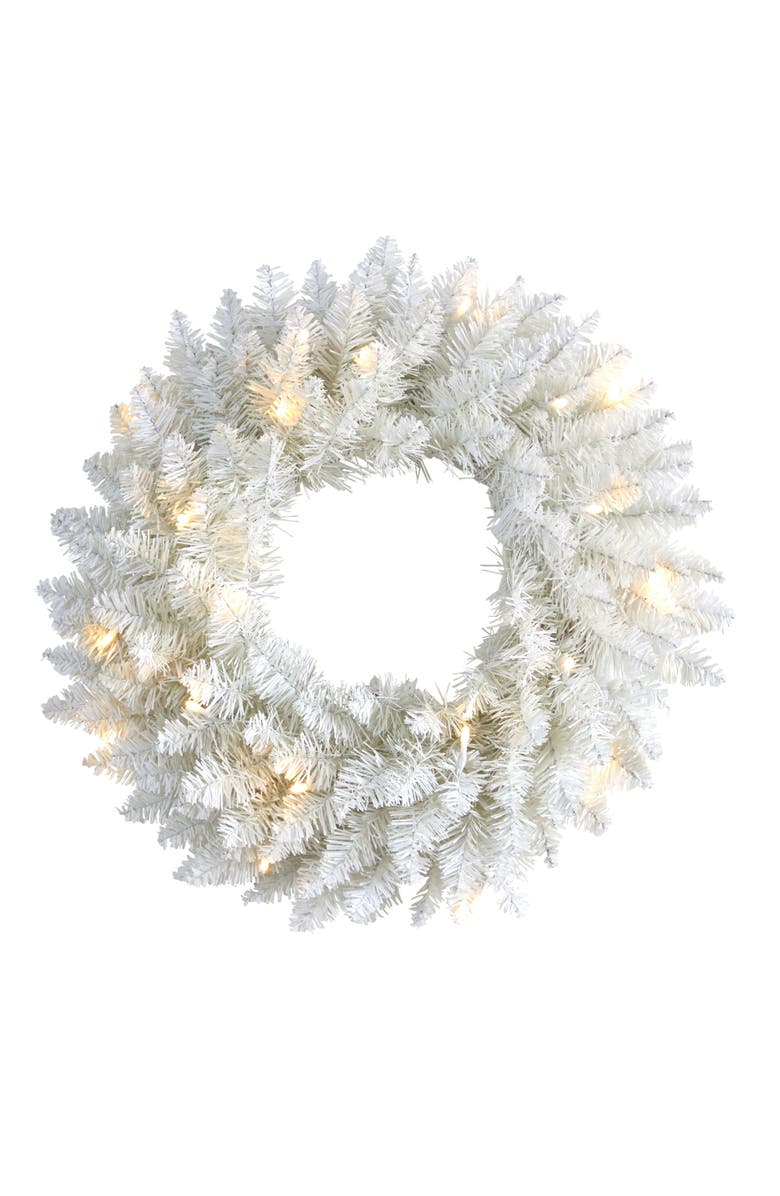 NEARLY NATURAL 18-in White Colorado Spruce Artificial Christmas Wreath with 129 Bendable Branches and 20 Warm LED Lights, Main, color, White