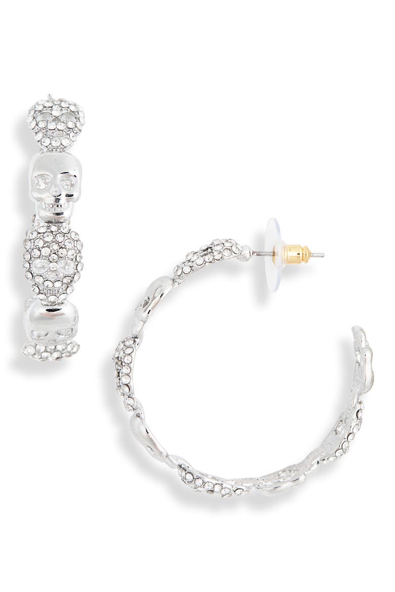 Skull Hoop Earrings, Alternate, color, SILVER