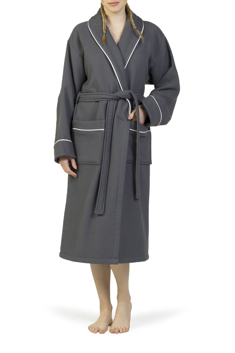 Hotel Collection Satin Piped Trim Waffle Terry Bathrobe, Alternate, color, DARK GRAY