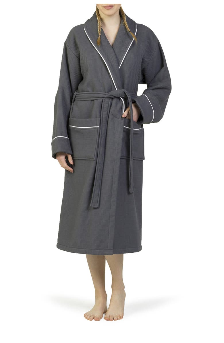 Linum Home Textiles Hotel Collection Satin Piped Trim Waffle Terry Bathrobe, Alternate, color, Dark Gray