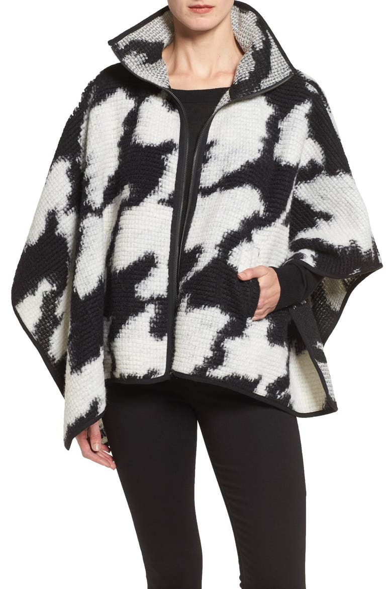 Zip Front Houndstooth Wool Blend Poncho, Main, color, BLACK/ WHITE