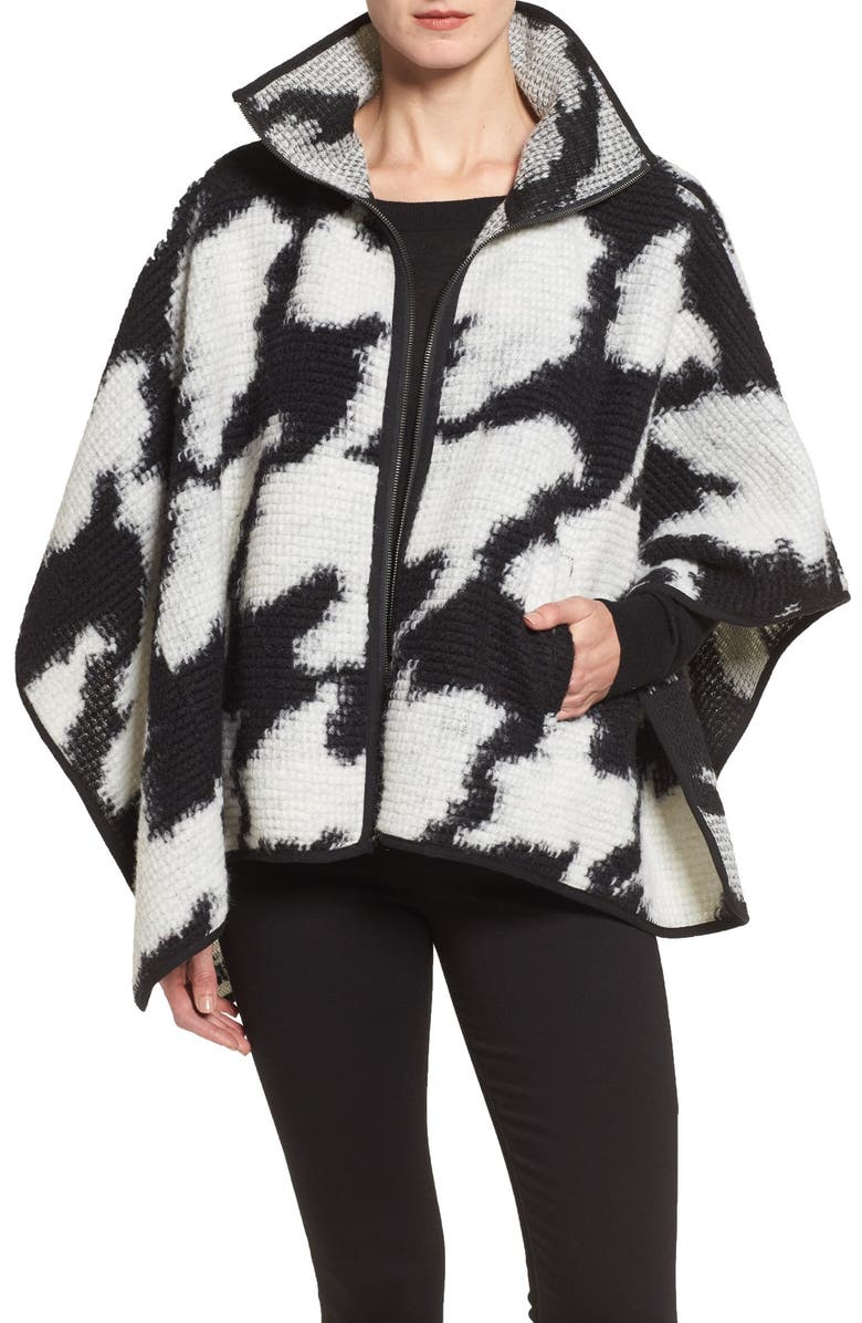 French Connection Zip Front Houndstooth Wool Blend Poncho, Main, color, 