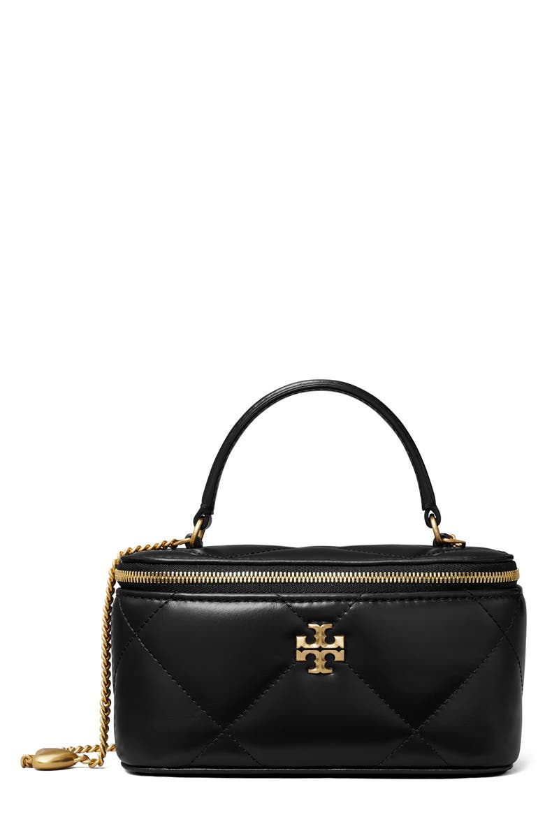 Kira Charm Diamond Quilted Leather Vanity Train Case, Main, color, BLACK