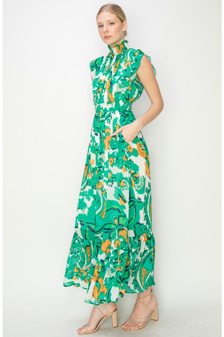 Smocked Mock Neck Tiered Maxi Dress, Alternate, color, GREEN ORANGE