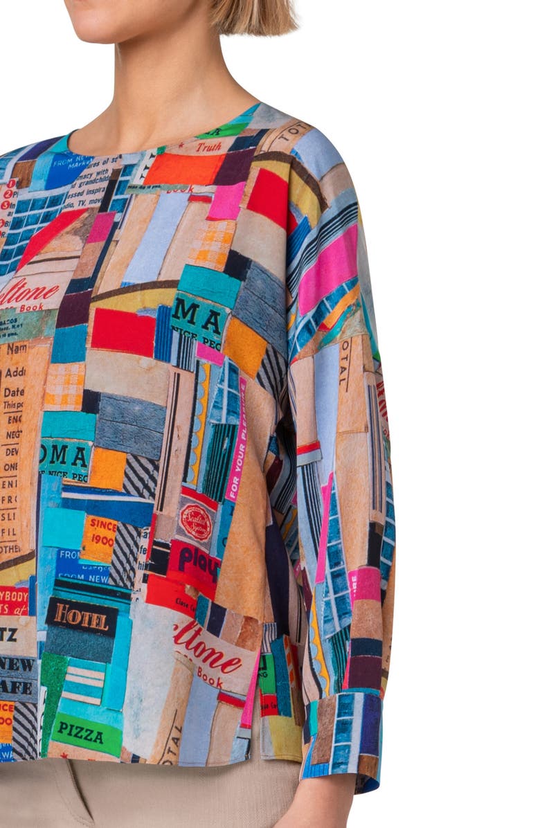 Akris punto NYC Paper Collage Print Silk Crêpe de Chine Top, Alternate, color, Blue Multicolor