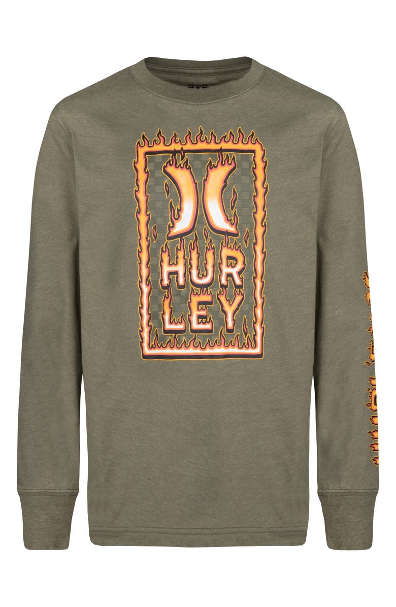 Hurley Kids' Flame Stack Graphic Long Sleeve Graphic T-Shirt, Main, color, Charcoal Heather