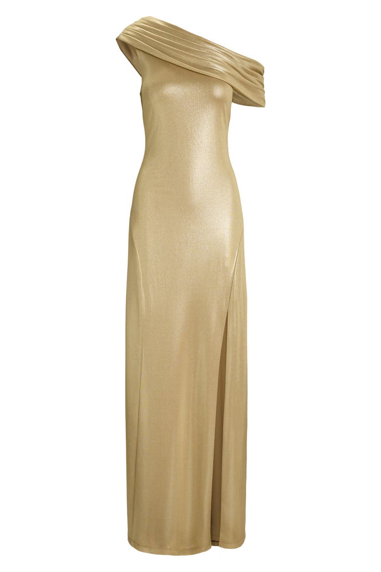 One-Shoulder Metallic Jersey Gown, Alternate, color, BIRCH BEIGE FOIL
