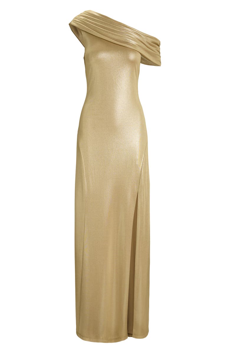 Lauren Ralph Lauren One-Shoulder Metallic Jersey Gown, Alternate, color, Birch Beige Foil