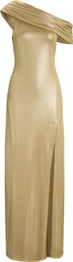 Lauren Ralph Lauren One-Shoulder Metallic Jersey Gown