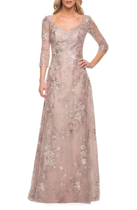 Floral Embroidered Mesh A-Line Gown