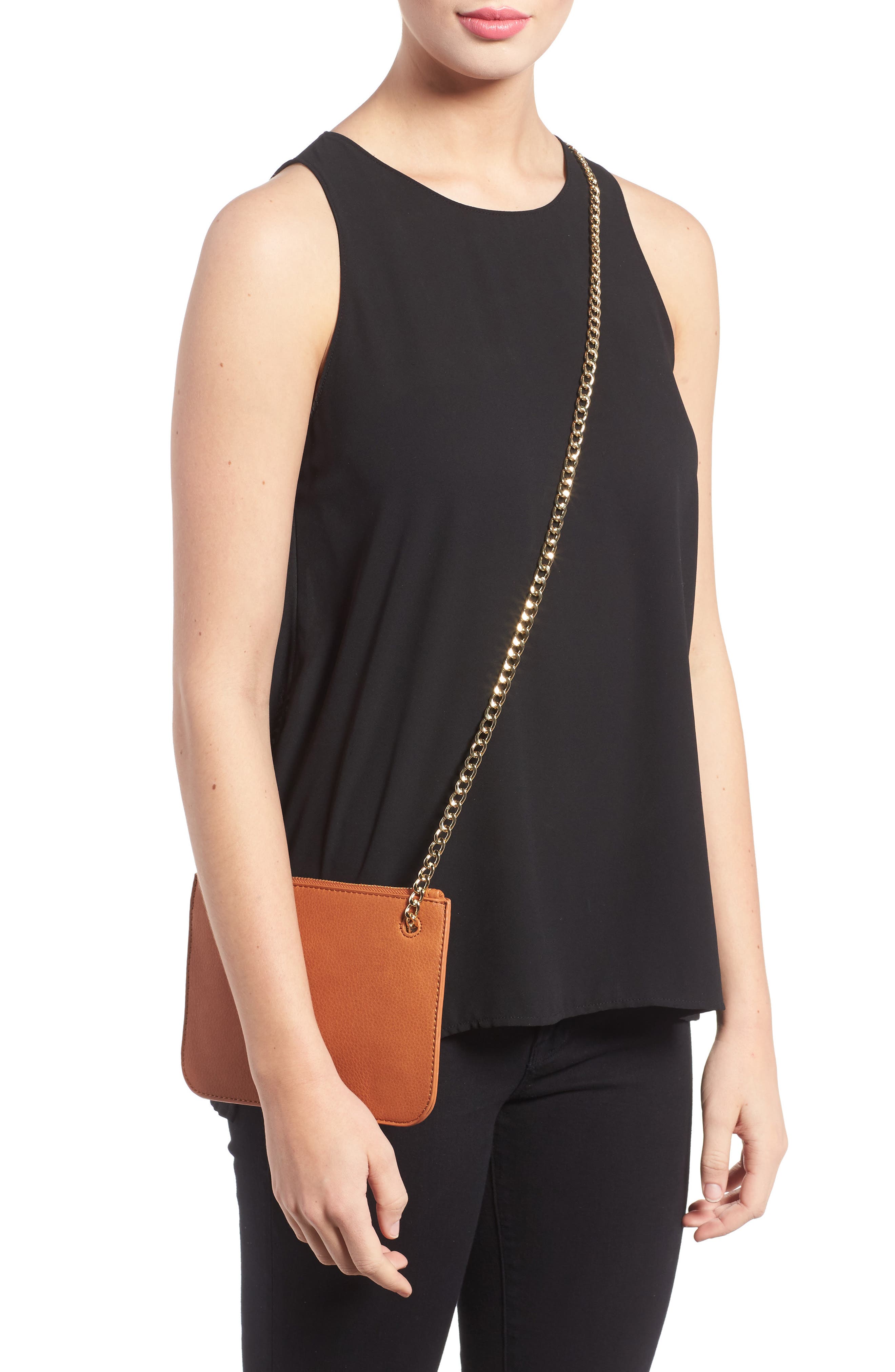 Faux Leather Crossbody Clutch, Alternate, color, COGNAC