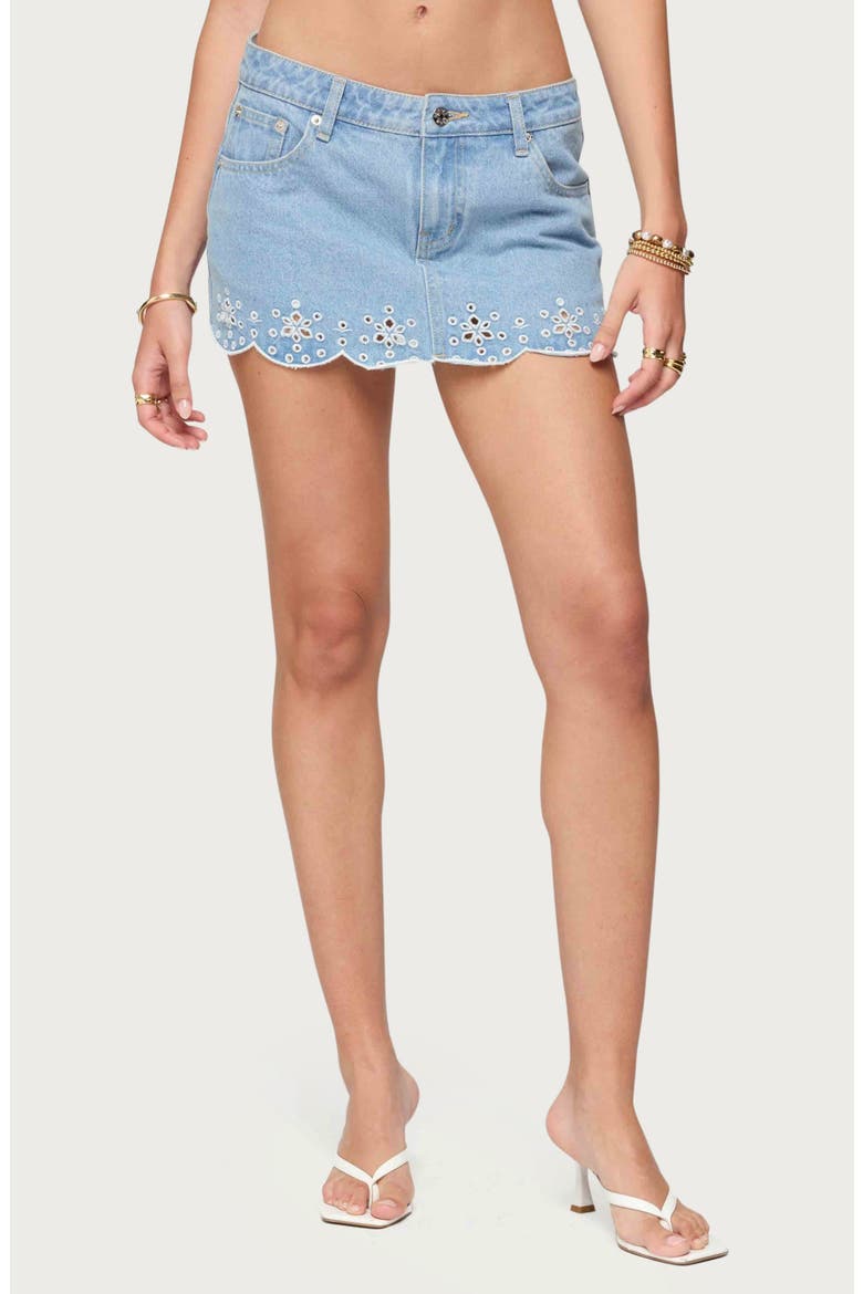 Eyelet Embroidered Scallop Hem Denim Miniskort, Main, color, LIGHT-BLUE