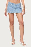 EDIKTED Eyelet Embroidered Scallop Hem Denim Miniskort